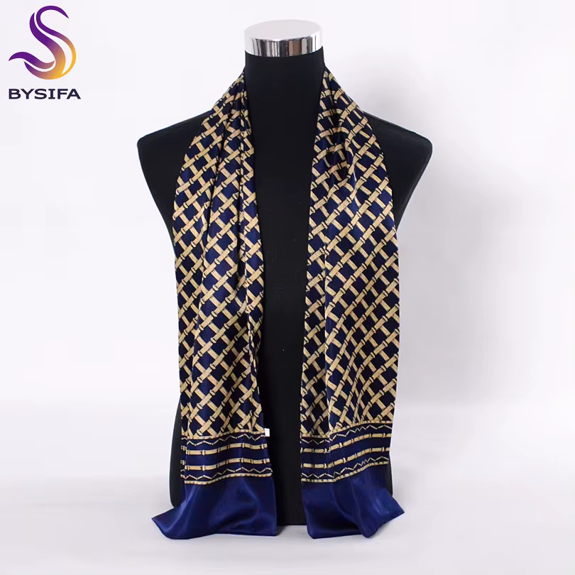 [BYSIFA] bleu marine or Plaid hommes foulards en soie accessoires de mode automne hiver mâle Pure so