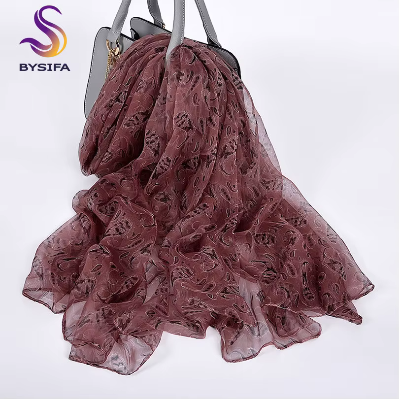 BYSIFA – écharpe longue en soie pour femme, foulard noir, Style japonais, motif Floral, mode printem