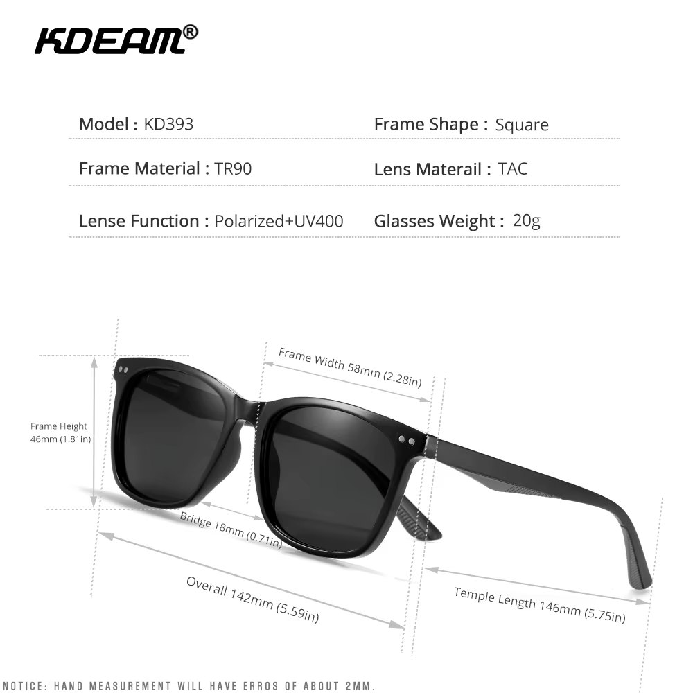 KDEAM hommes lunettes de soleil carrées lentille polarisée TR90 matériel cadre printemps charnières