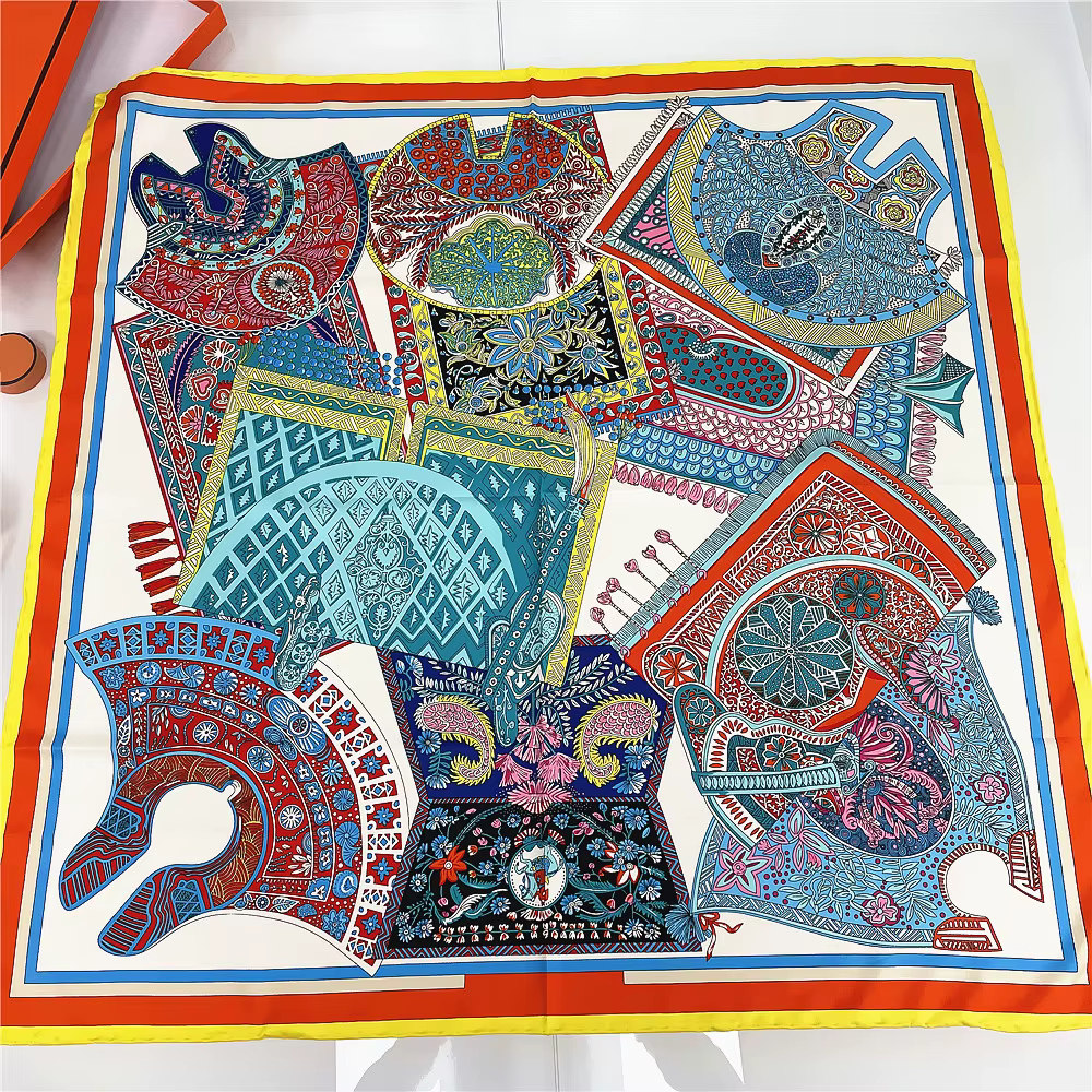 Foulard Carré de Selle de Luxe pour Femme, Hijab à Ourlet Roulé à la Main, Châle, Design de Marque, 