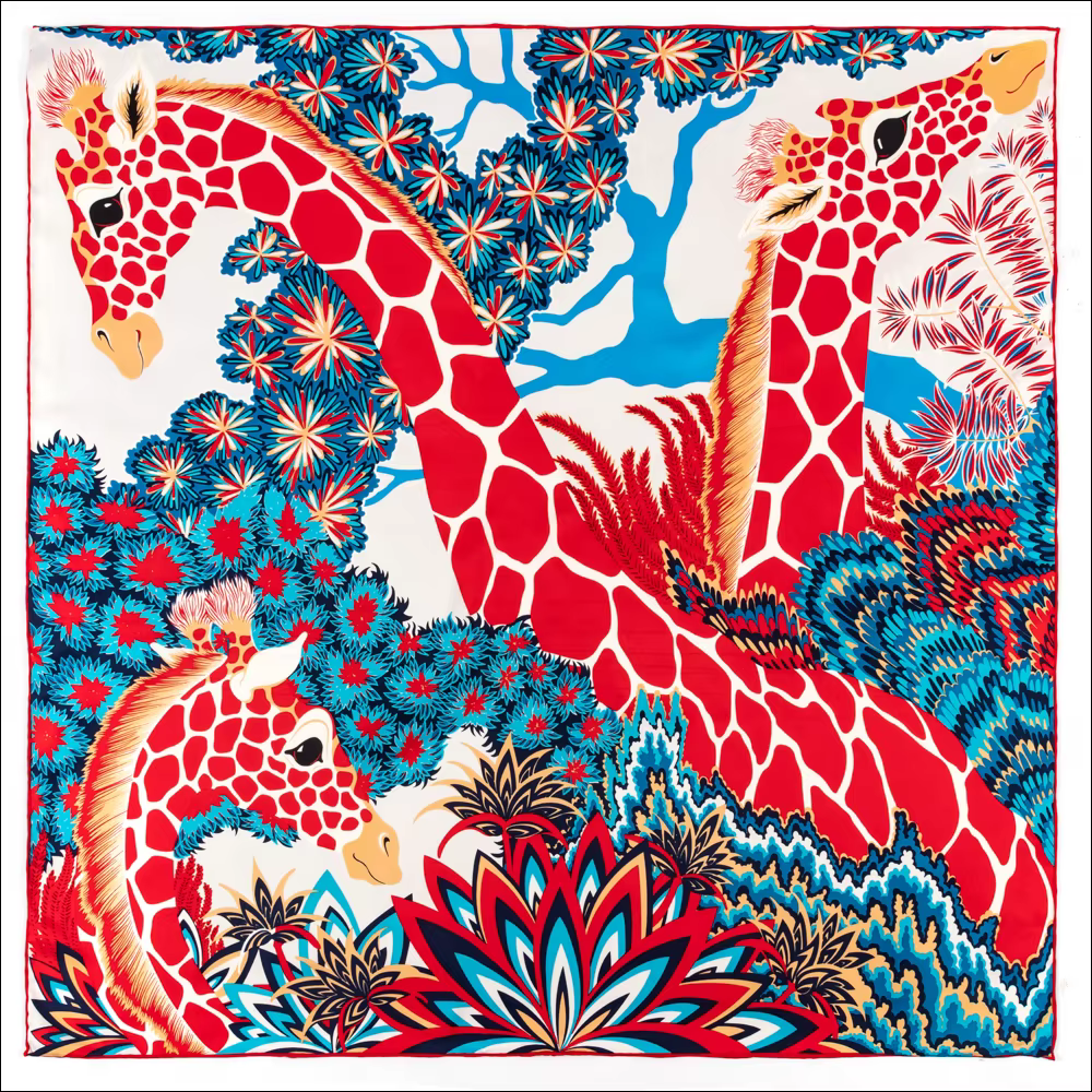 The Three Graces Foulard de marque de luxe avec imprimé Girafe pour femmes, écharpe carrée en soie 9