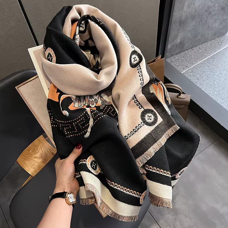 Écharpe de luxe en Faux cachemire pour femme, vêtement d'hiver à la mode, petit cheval, épais, chaud