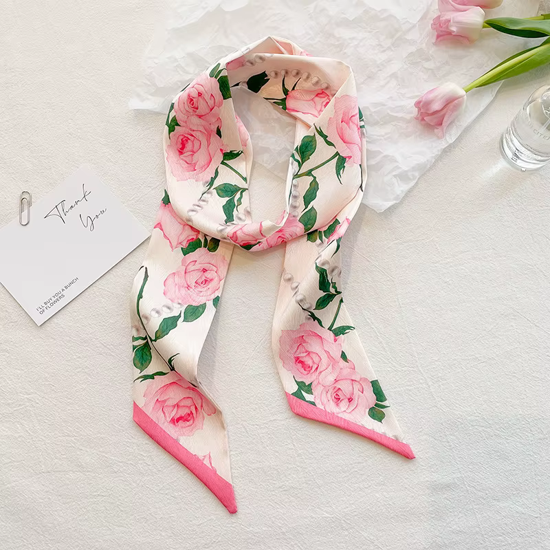 Écharpe longue double face à motif floral rose pour femme, bandeau, ruban pour cheveux, foulard déco
