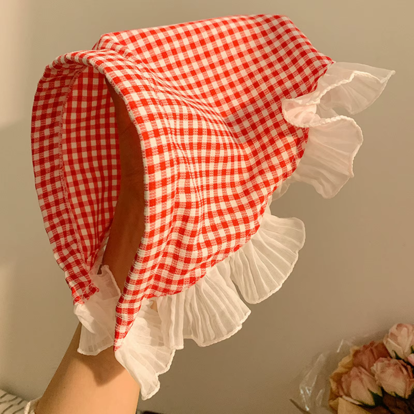 Écharpes triangulaires en vichy et dentelle pour femmes, joli foulard à volants en vichy, élégant ba