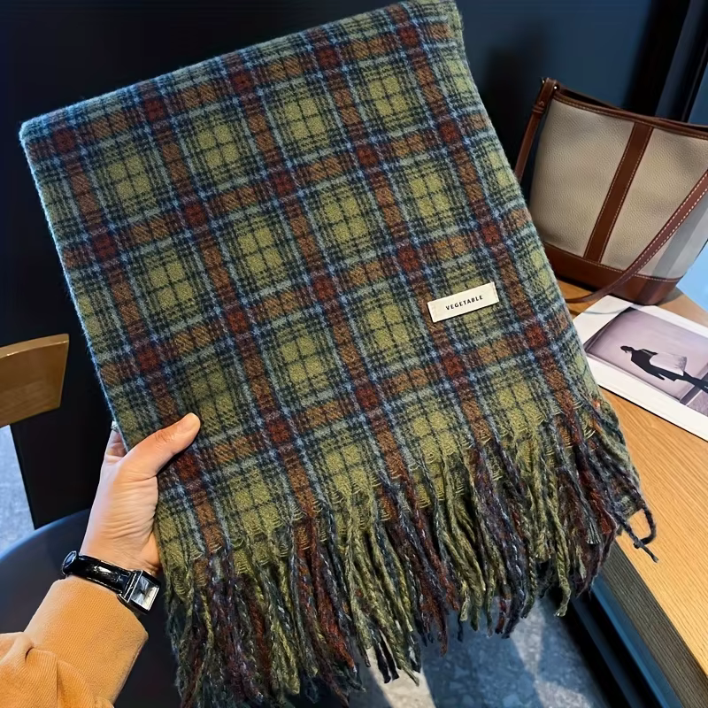 Vintage vert Plaid gland écharpe femmes Imitation cachemire épaissi chaleur automne hiver châle Wrap
