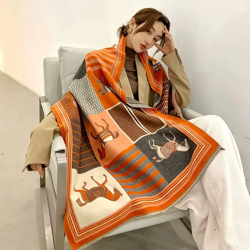 Écharpe de luxe en cachemire pour femme, Design chaud, couverture Pashmina, cheval, châle, épais, Bu