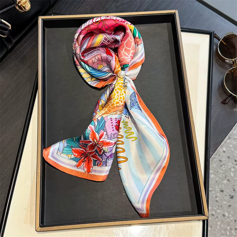 Marque de luxe 100% foulard en soie naturelle femmes Design petit châle carré ruban de cheveux bande