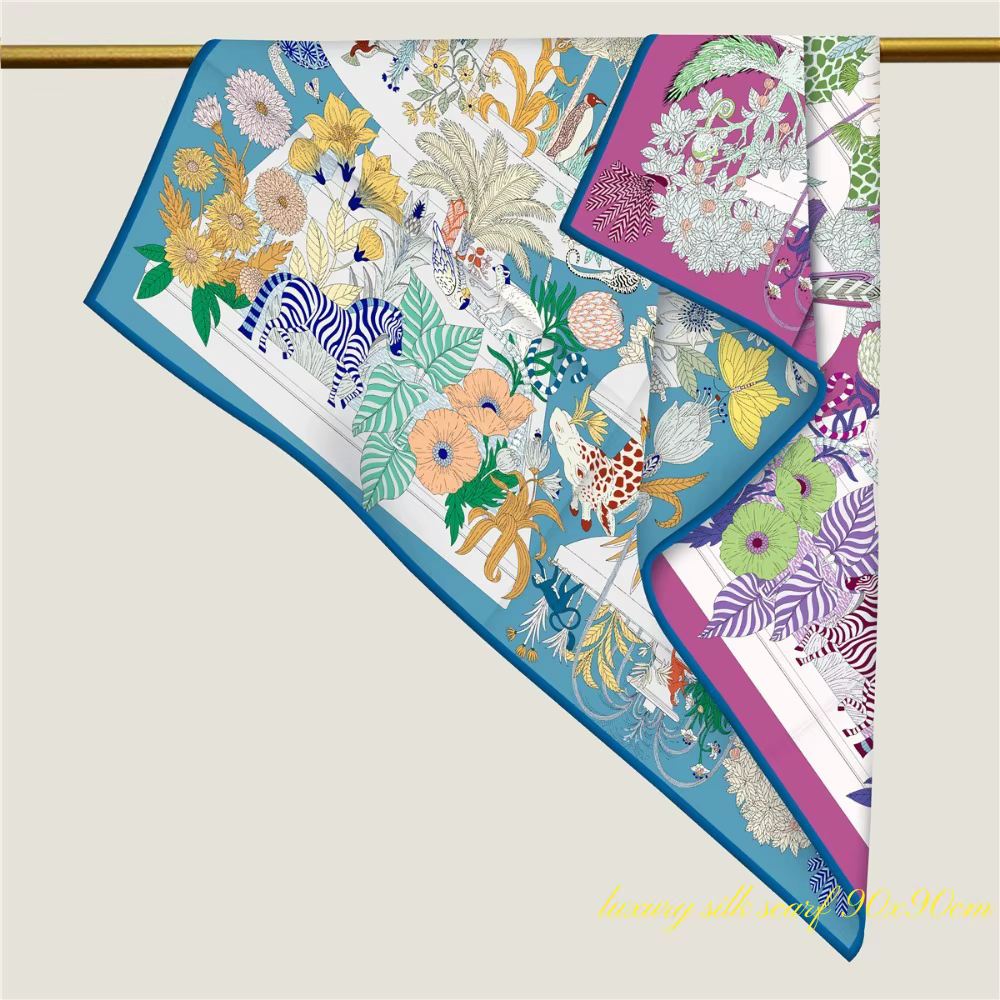 Grand Foulard Carré de Luxe à Bords Croisés pour Femme, Nouvelle Collection, Animal Paradis, Girafe,