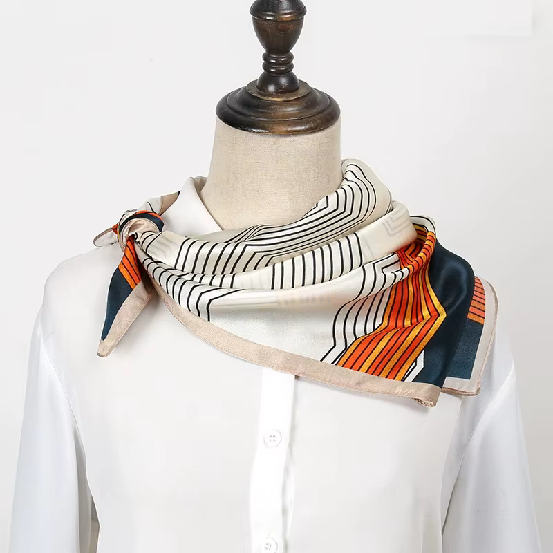 Écharpe carrée 70 cm pour femme, motif géométrique imprimé, 100 % soie de mûrier, châle décoratif, b