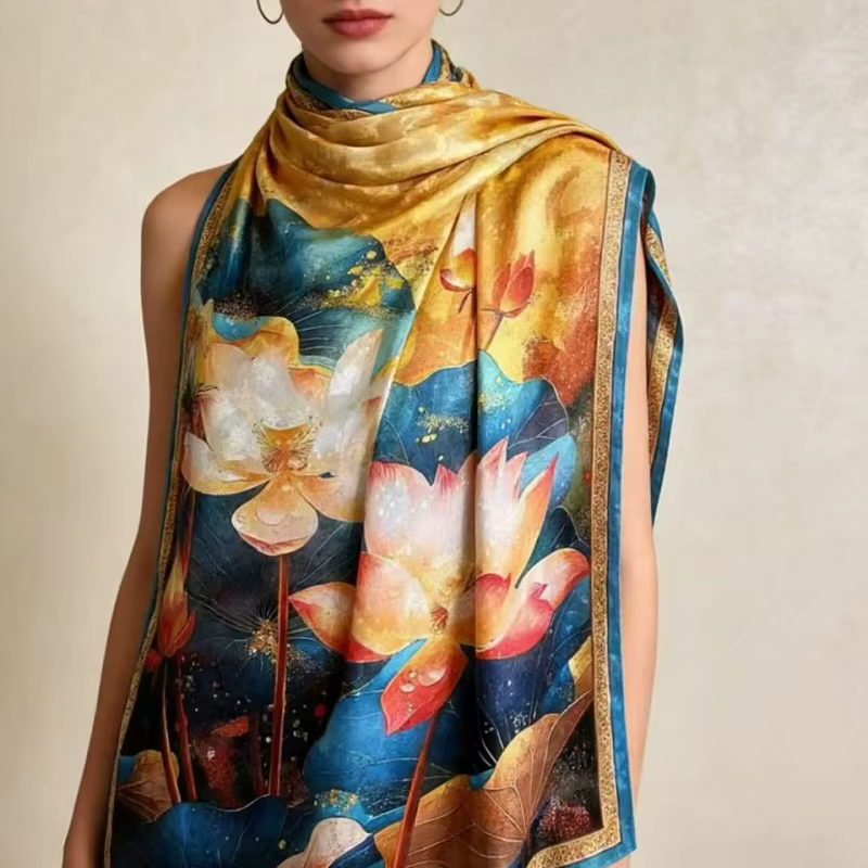 Écharpe en soie à imprimé floral haut de gamme pour femme, longue écharpe double face, style coréen,