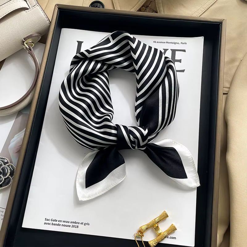Femmes 100% foulard en soie de mûrier noir blanc rayé foulards carré foulard enveloppes mode cheveux