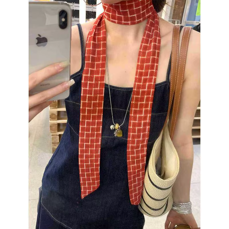 Écharpe étroite à carreaux rouges, style vintage, pour femme, accessoire Y2K, attache pour cheveux,