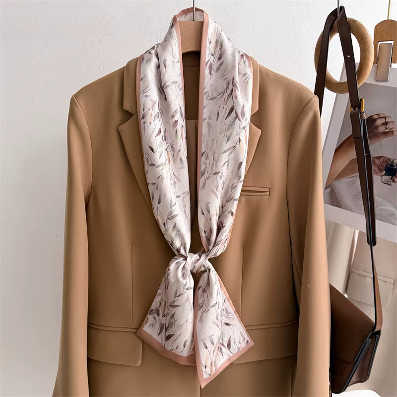 Petits foulards de luxe en soie pour femmes, longs et étroits, sensation de soie, fleurs imprimées,