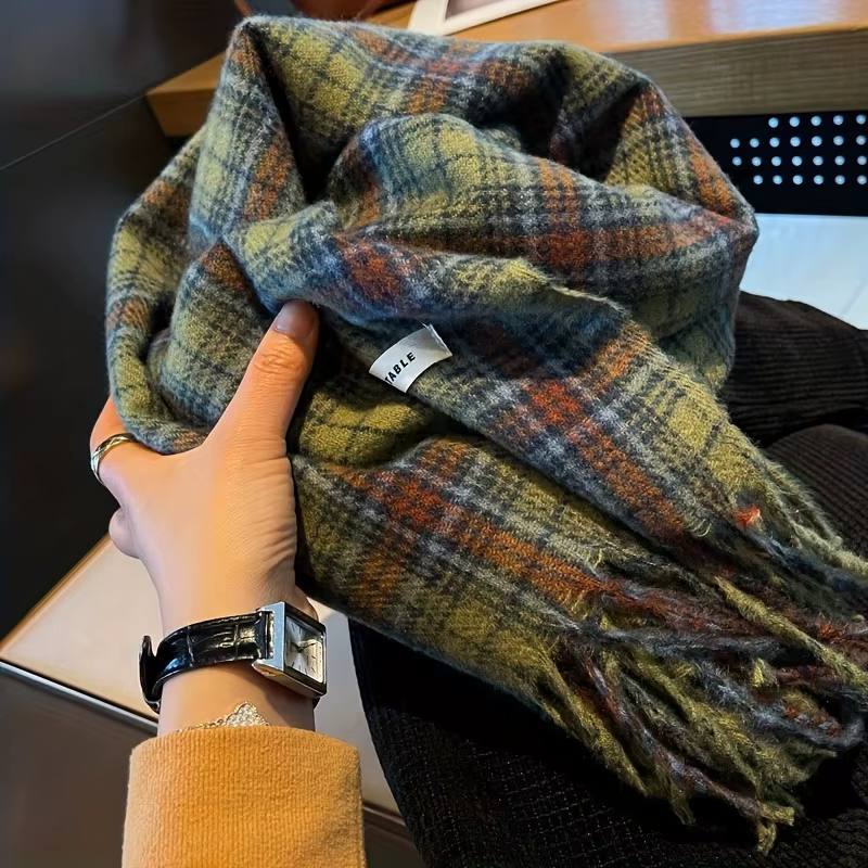 Vintage vert Plaid gland écharpe femmes Imitation cachemire épaissi chaleur automne hiver châle Wrap