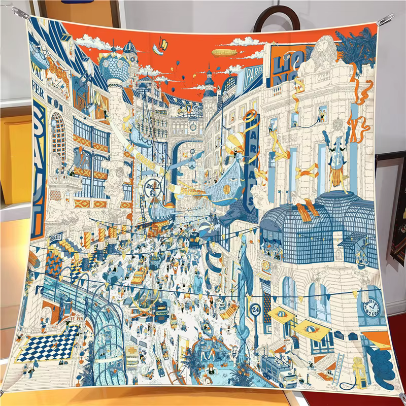Foulard en soie sergé pour femmes, 90CM, mode décontractée, imprimé ville de Paris, bandeau, châle, 