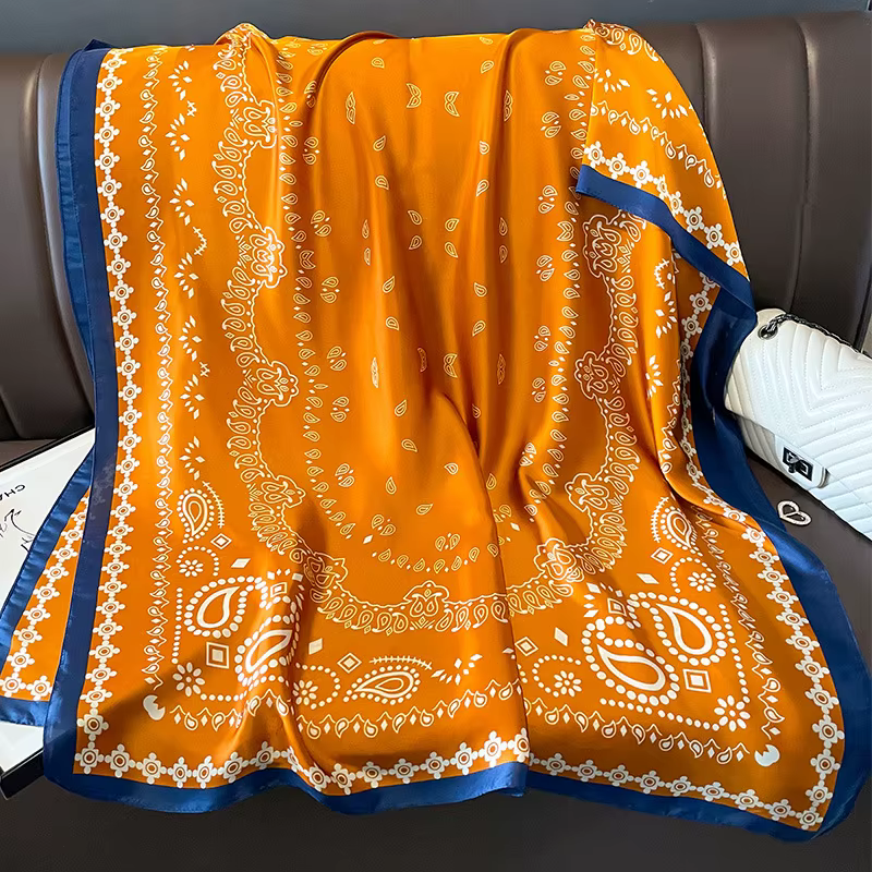 Grand châle en satin imprimé pour femme, écharpe de marque de luxe, bandeau de sauna, hijab, turban,