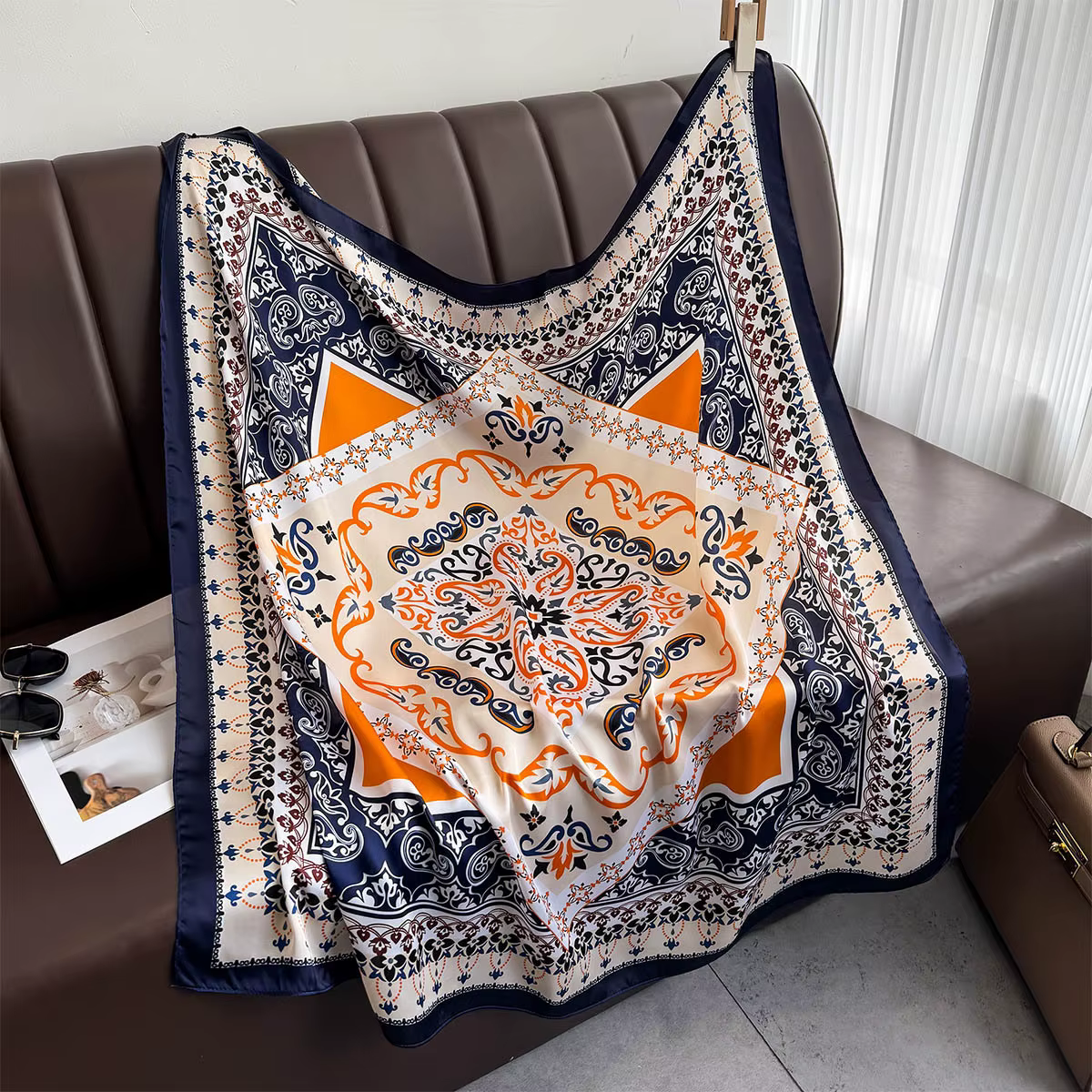 90*90 cm Foulard carré rétro cajou imprimé fleuri foulards en soie femmes cou foulards Hijab Foulard