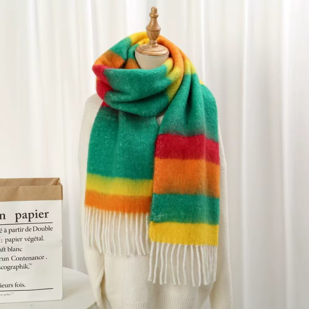 Écharpe en mohair à rayures colorées tendance, style coréen, écharpe longue à franges, écharpe épais