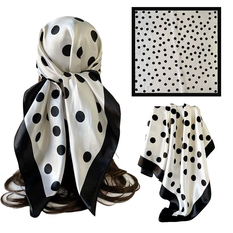 Foulard carré à pois pour femme, châle en soie, bandeau, écharpe, hijab, bandana en satin