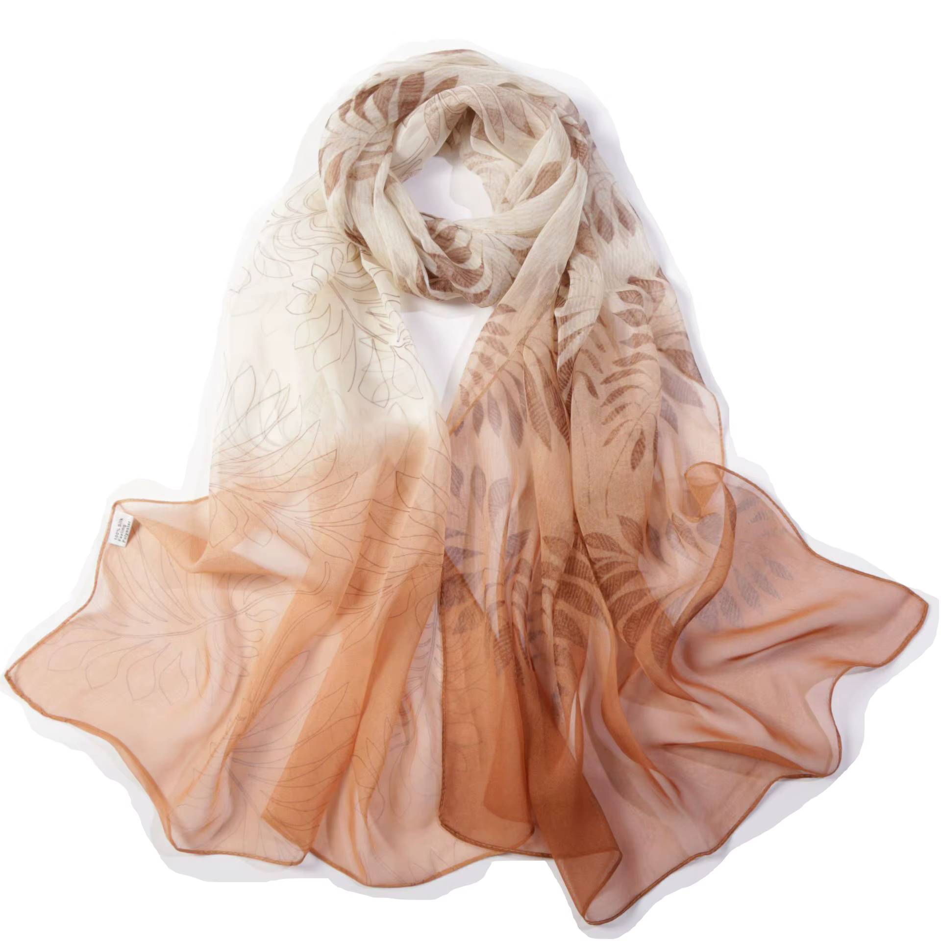 Écharpe longue en mousseline de soie dégradée à motif feuille, douce et soyeuse, pour femme, châle d