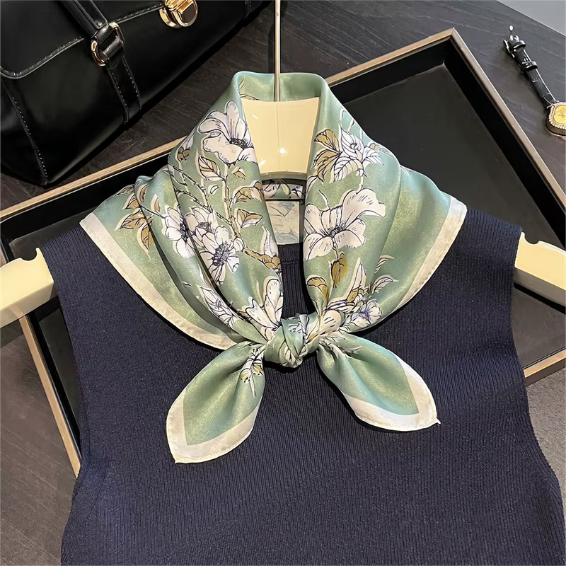 Foulard 100% Soie de Mûrier à Imprimé Floral Frais, Bandana et Écharpes de Cou, Accessoire de Sac Él