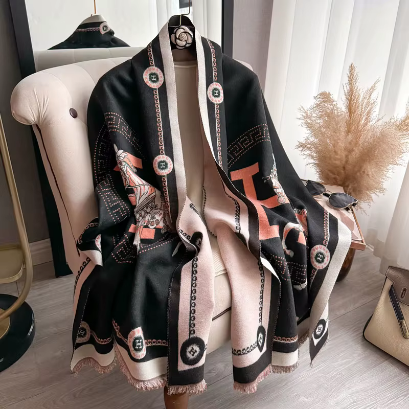 Écharpe de luxe en Faux cachemire pour femme, vêtement d'hiver à la mode, petit cheval, épais, chaud