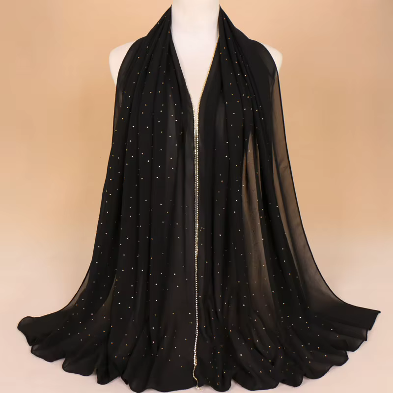 Écharpe en mousseline de soie de couleur unie avec des strass complets, écharpe longue de haute qual