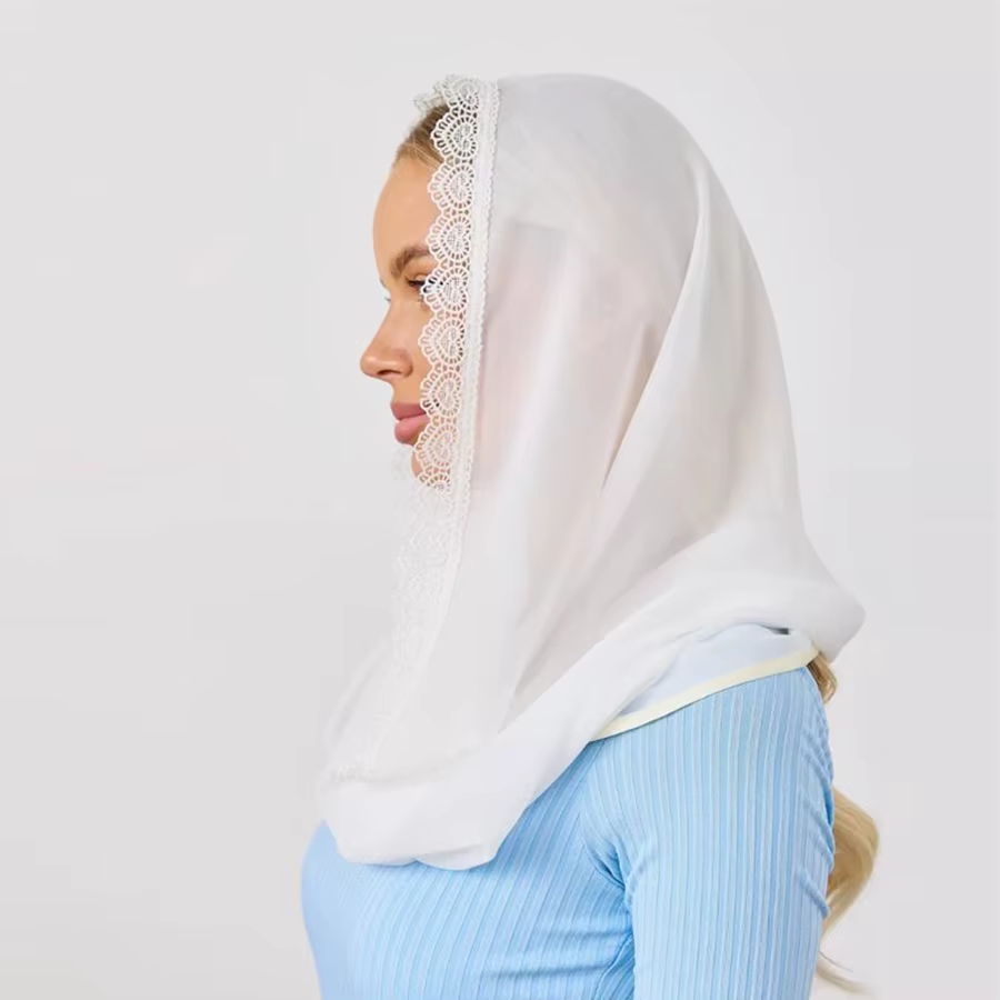 Mode femmes blanc en mousseline de soie écharpe église enveloppement voile catholique foulards brodé
