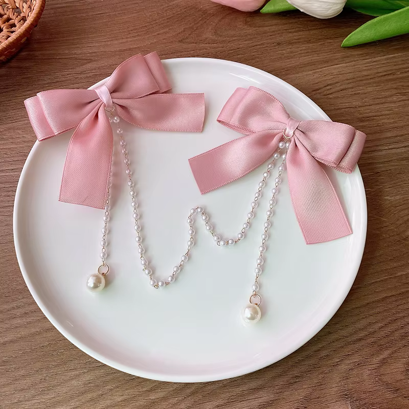 Pince à cheveux avec nœud en chaîne de perles roses, Style princesse doux, épingles à cheveux mignon