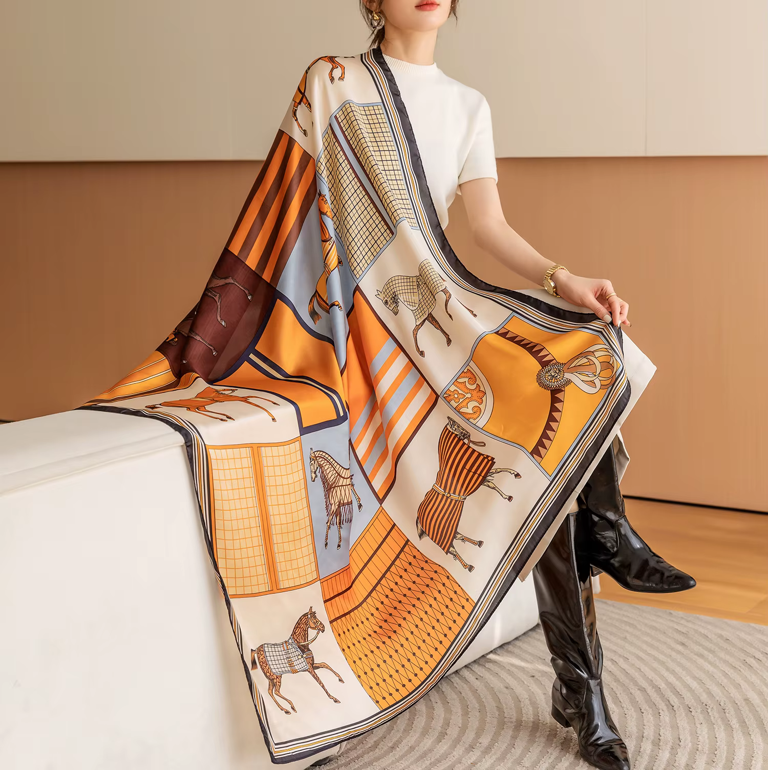 Foulard carré imprimé cheval de luxe, châle Vintage en Imitation soie pour femmes, coupe-vent, envel