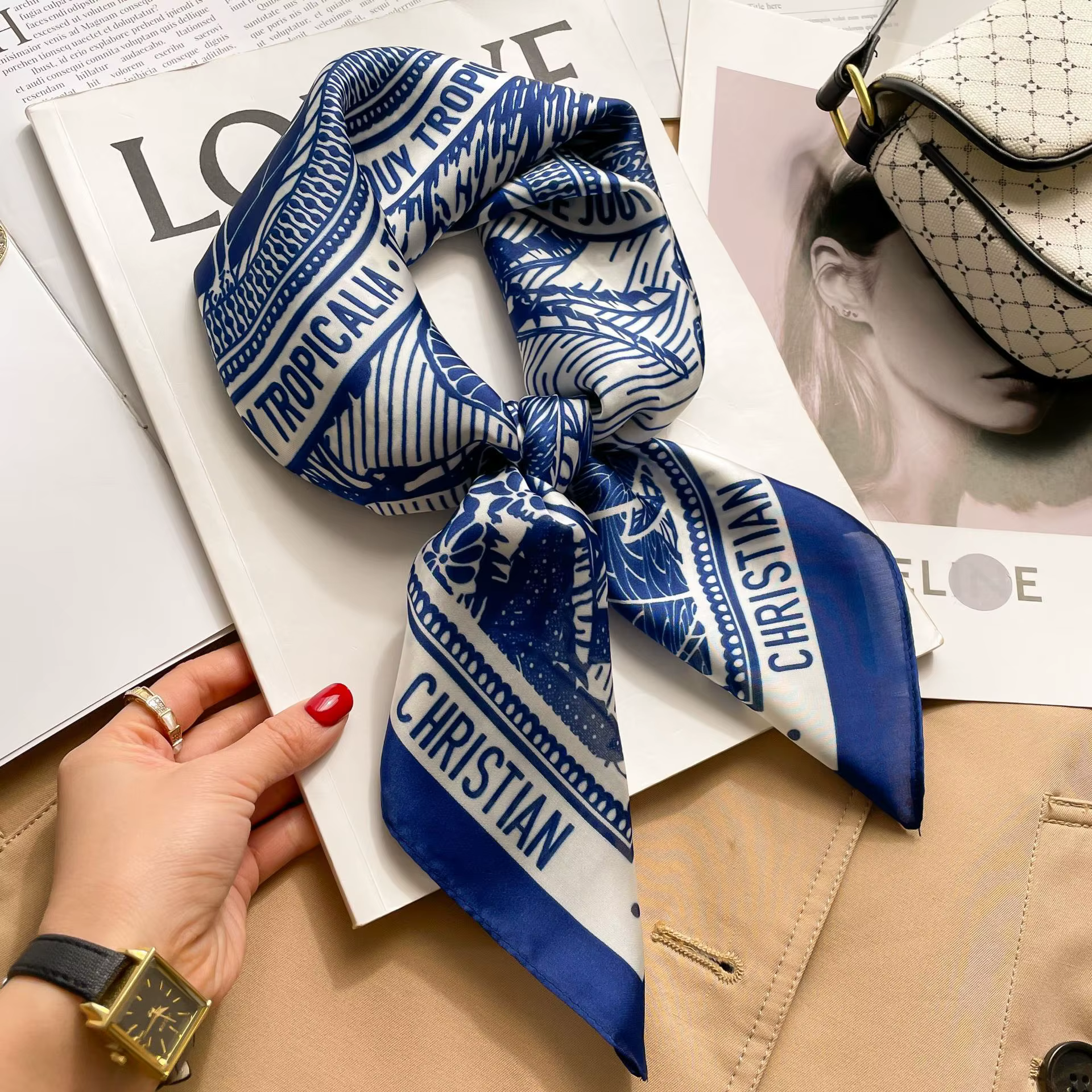 Foulard carré imprimé pied-de-poule pour femmes, 1 pièce, 70cm, lettres christiennes en soie, à la m