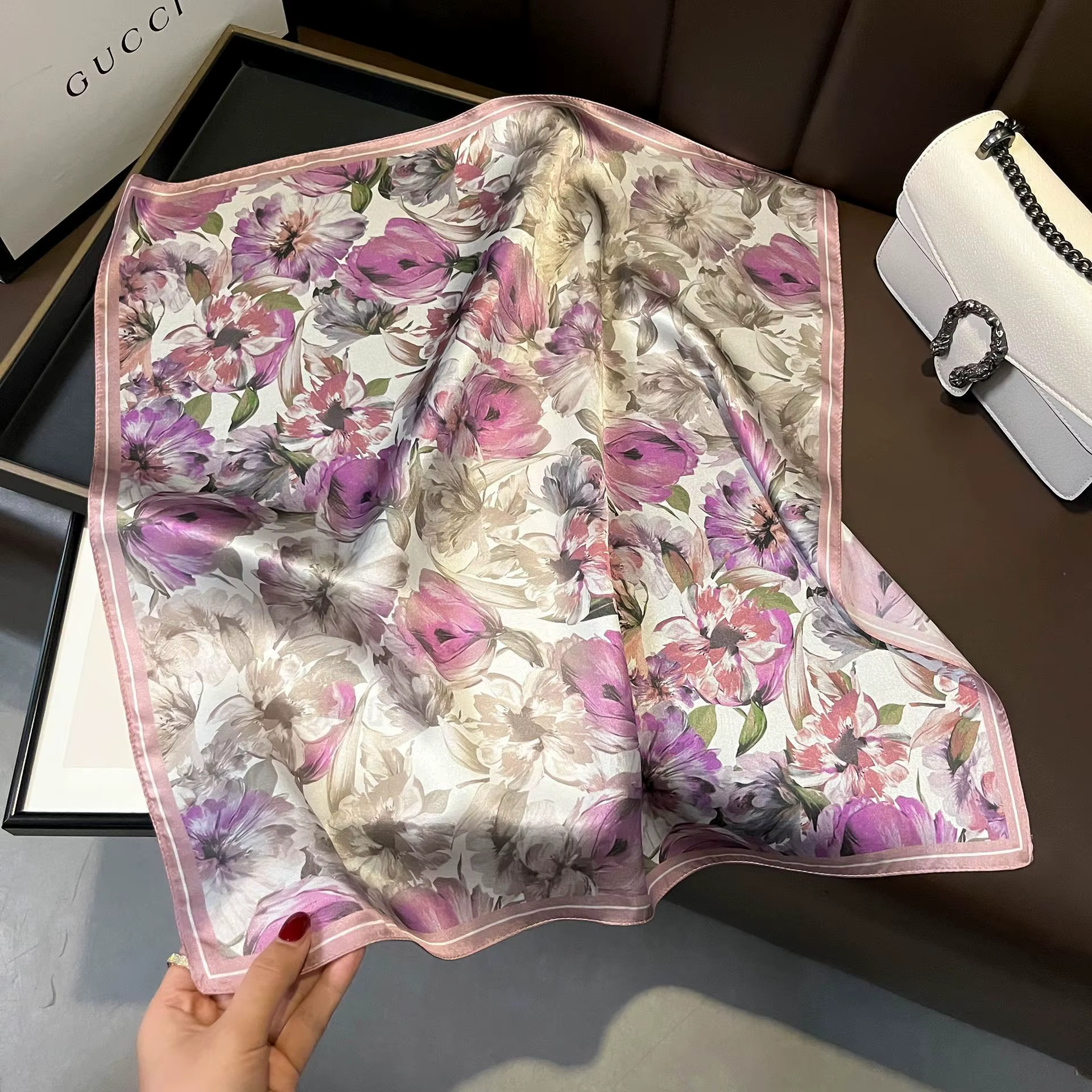Foulard à fleurs roses pour femmes, 100% soie véritable, Foulard pour cheveux, sac d'automne, cravat