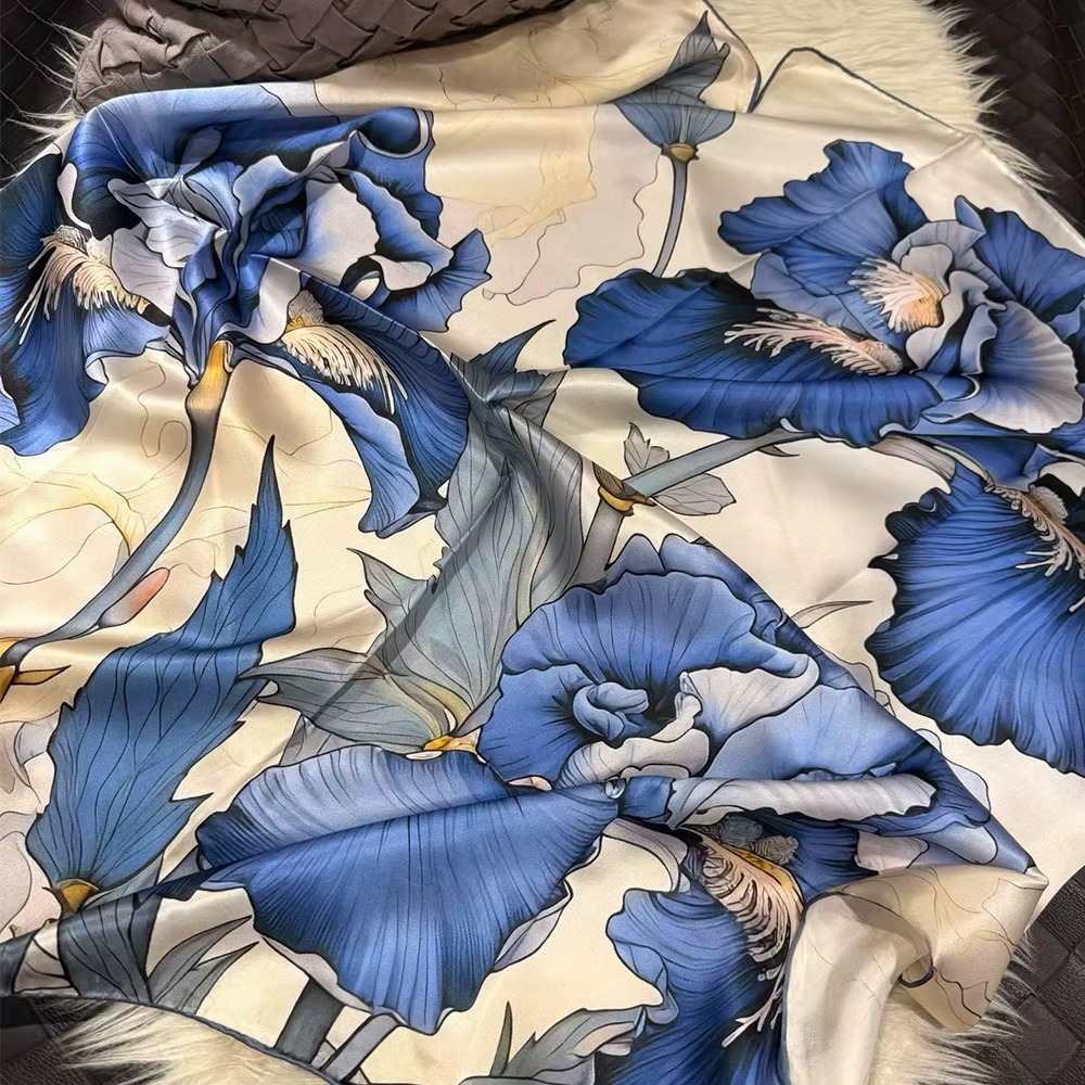 [BYSIFA] Foulard carré en soie 100% pour femme, bleu et blanc, pour le printemps, l'automne et l'hiv