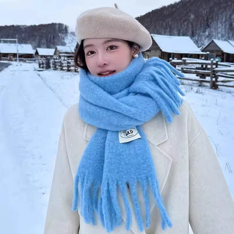 Écharpe en cachemire bleu pour femmes, Style coréen d'hiver, couleur unie, chaud et épais, chauffe-c