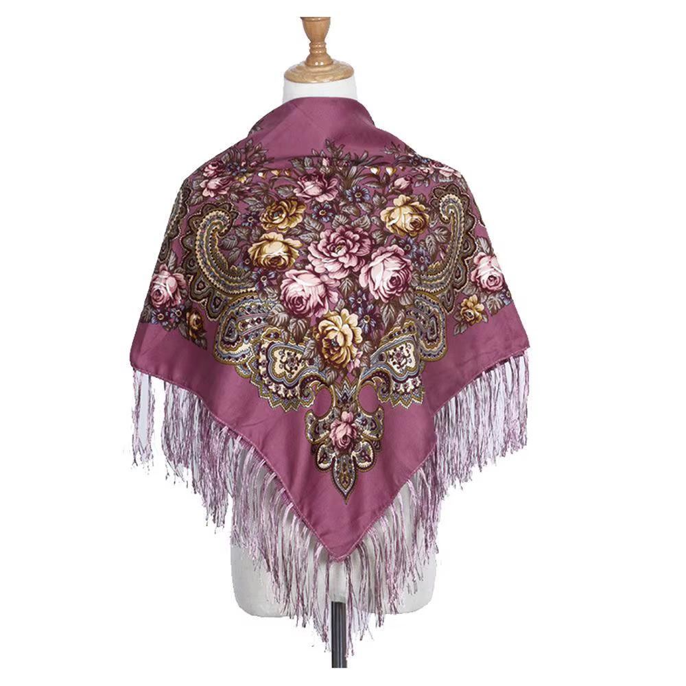 Écharpe carrée en coton vintage grande taille, style russe, motif floral, avec pompons, type pashmin