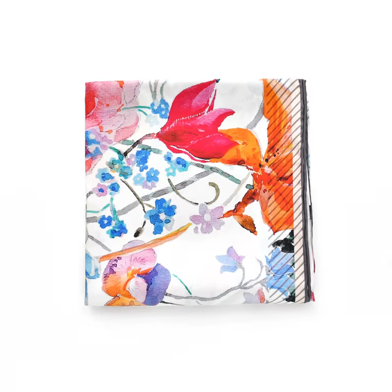 Foulard en sergé de soie véritable blanche, foulard de tête imprimé de fleurs pour femmes, châle hij