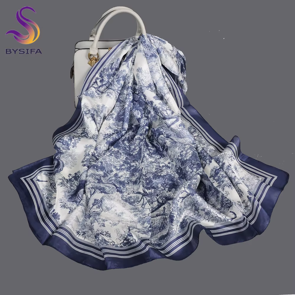 BYSIFA |   Nouveau Foulard Châle en Soie de Mûrier 100% Ultra-large Bleu et Blanc pour Femme, Motif 