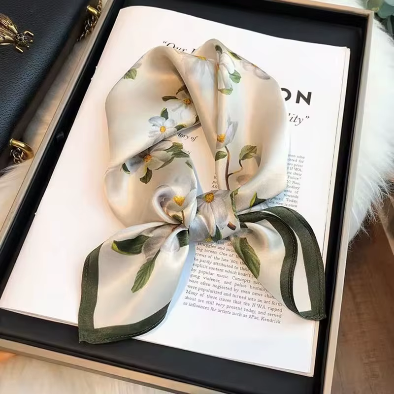 Foulard carré en soie polyvalent pour femmes, foulard à fleurs vert frais, bandeau pour cheveux, sac