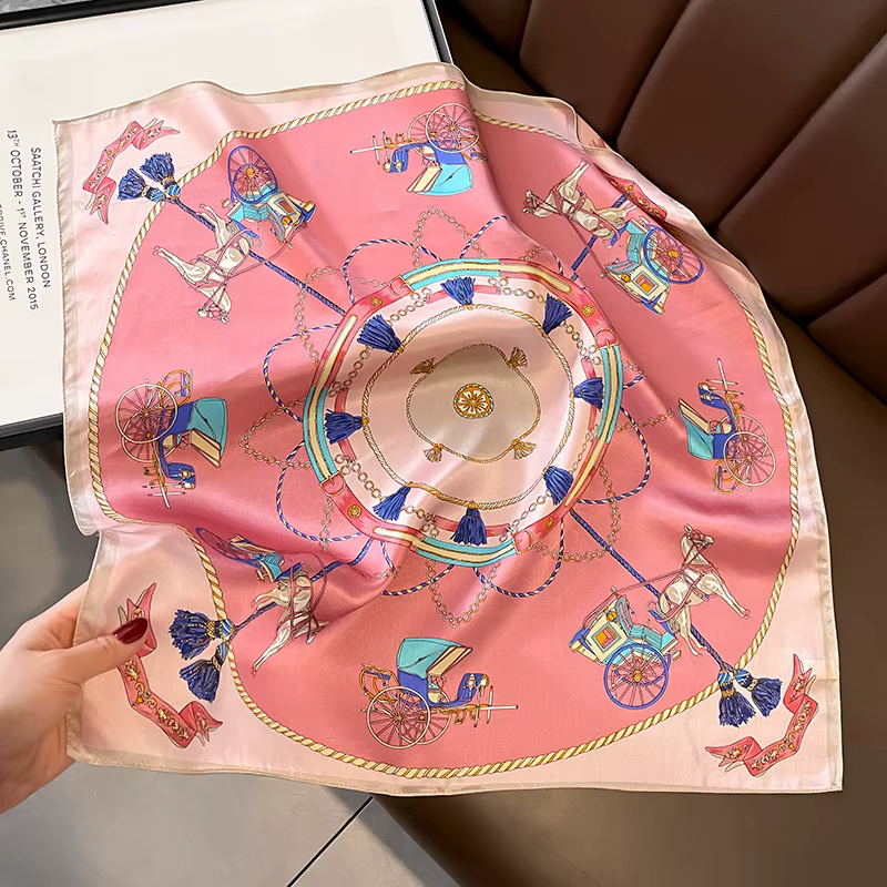 Foulard carré en soie de mûrier 100%, Vintage, chariot européen et chaîne imprimée rose, élégant, lu