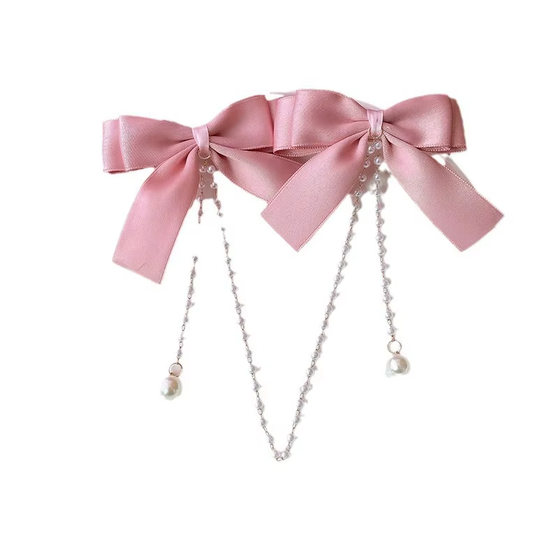 Pince à cheveux avec nœud en chaîne de perles roses, Style princesse doux, épingles à cheveux mignon