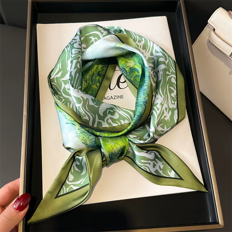 Vert femme maigre foulard en soie 147x14cm longue bande de cheveux ruban de soie petit cou foulards 