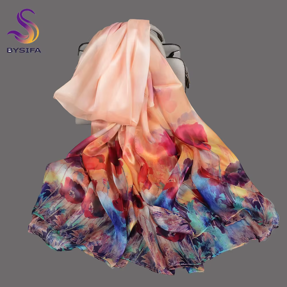 BYSIFA | Écharpe longue en soie 100% de mûrier rouge et bleue pour femme, nouveau design floral, c