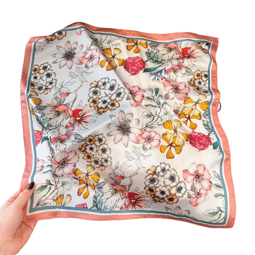 Foulard carré en soie à imprimé floral, foulard hijab de luxe doux en polyester, élégant foulard de 