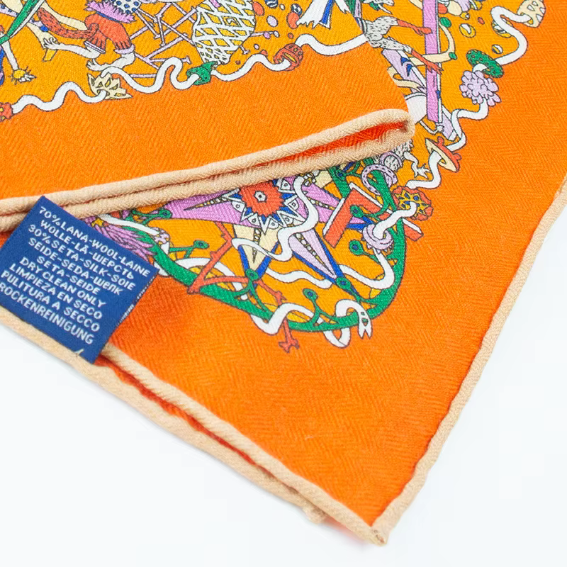 Écharpe carrée en soie et laine, esthétique vintage, 65*65cm, orange chaud, imprimée, pour femme