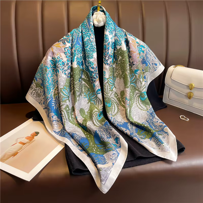 Foulard carré rétro imprimé 90*90cm pour femme, écharpe de luxe en soie, bandana, châle d'été, éléga