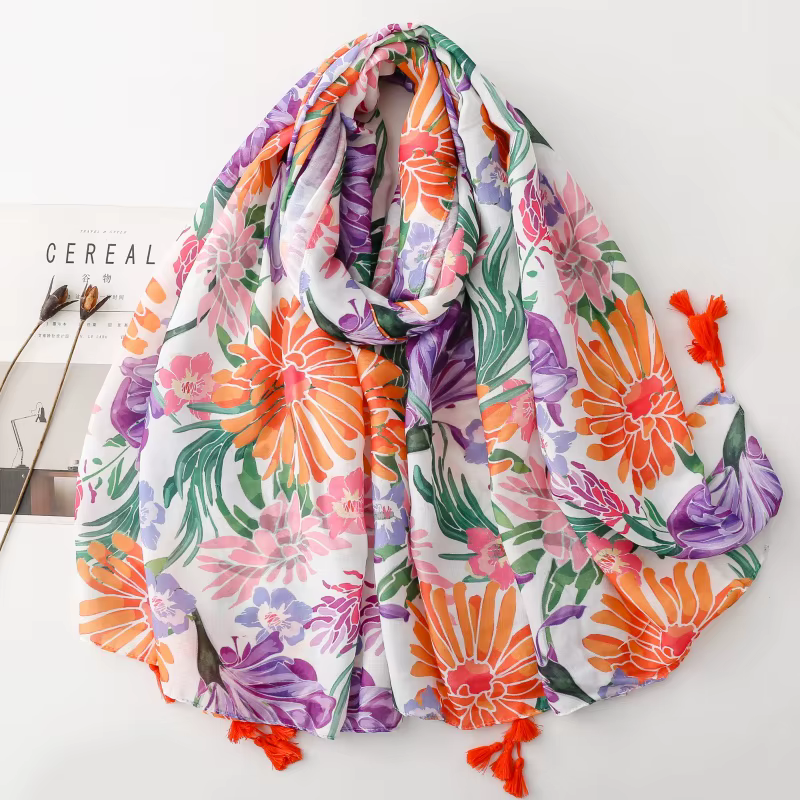 Écharpe longue pour femme à imprimé floral coloré, en polyester doux et agréable pour la peau, 88x18
