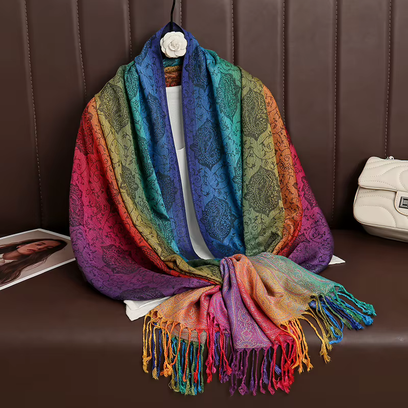 Couleurs arc-en-ciel hiver chaud épais Style ethnique Jacquard écharpe femmes voyage musulman Hijab 