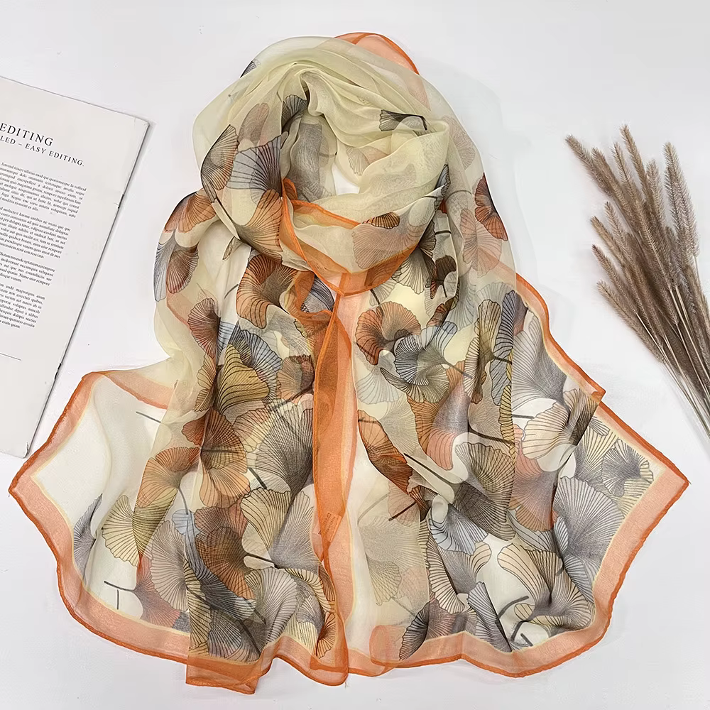 Ginkgo arbre écharpe vert jolies femmes élégant en mousseline de soie Georgette Bandana écharpe été 