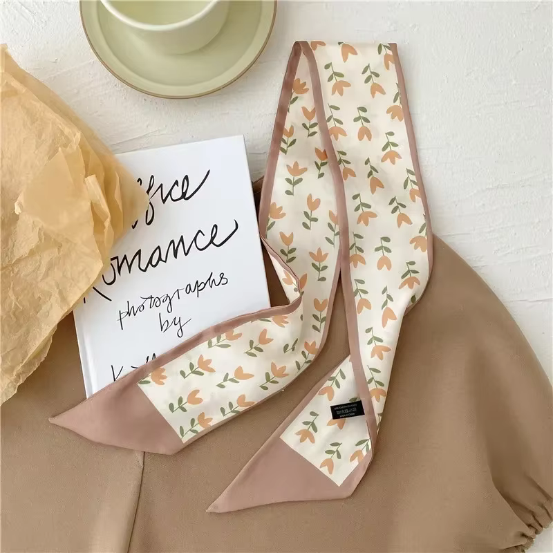Haute qualité kaki couleur nue série foulard en soie bandeau ruban attaché cheveux Long arc Vintage