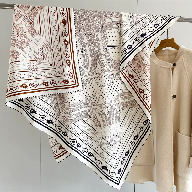 Écharpe en Soie et Laine pour Femme, 40% Soie 60% Laine, Grand Foulard Carré 135cm, Imprimé Élégant,